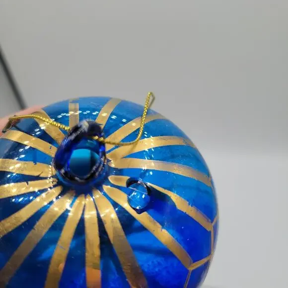 Vintage Blown Blue Glass Bulb with Gold Foiling Christmas Ornament - Picture 3 of 3